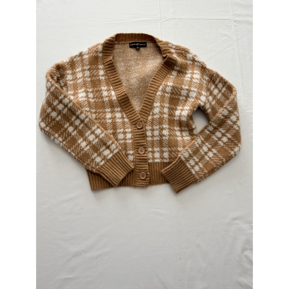 Almost Famous Cardigan Sweater Juniors Small Brown Plaid Button Front Knit